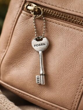 Fossil Silver Key Charm on Tan Leather Bag Accent